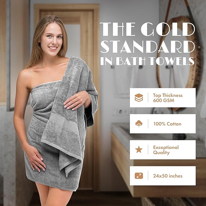 White Classic Wealuxe Light Gray Bath Towels 24x50 Inch, Cotton Towel Set - Image 2