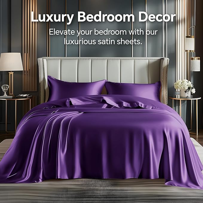 BEDELITE Satin Sheets Twin XL Size Bed Set, Luxury Soft Plum Purple Sheets - Image 2