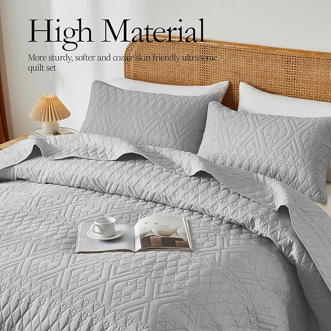 akkialla King/Cal King Size Quilt Bedding Set, Light Grey Lightweight - Image 3