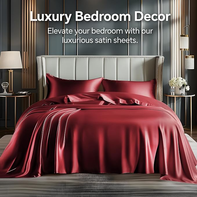 BEDELITE Satin Sheets Queen Size Bed Set, Luxury Soft Burgundy Silky Sheets - Image 2