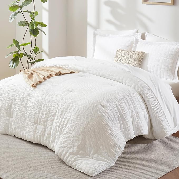 CozyLux Oversized Queen Comforter Set White Seersucker 7 Pieces 98x98 Bed in a by CozyLux