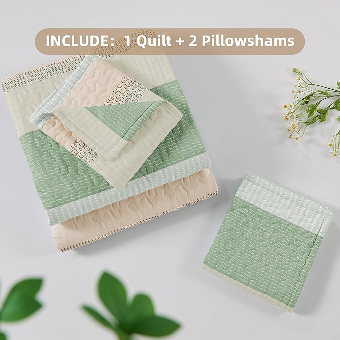 Andency Queen Quilt Bedding Set Mint Pink, 3 Pieces Patchwork Summer Striped - Image 6