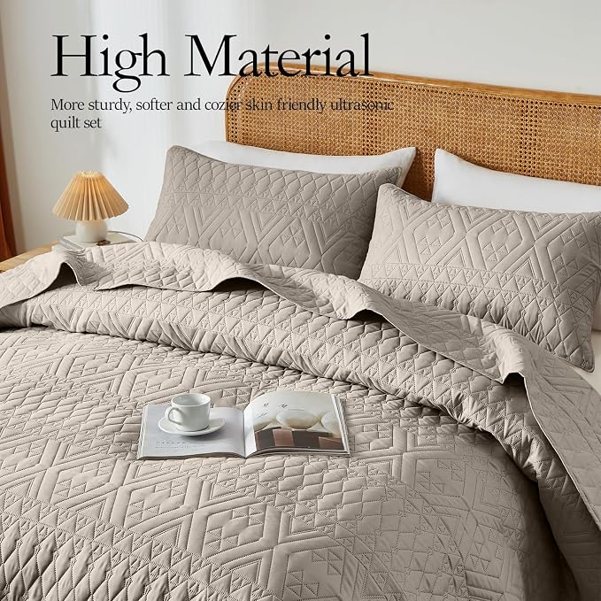akkialla Full/Queen Quilt Set, Taupe Lightweight Microfiber Bedspread Coverlet - Image 4