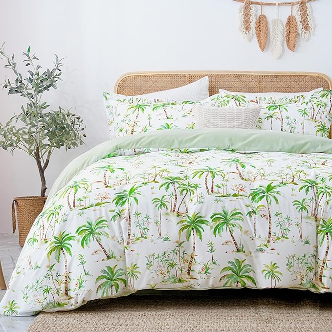LONAVA King Tropical 3 Pcs Duvet Cover Set, Breathable Soft Microfiber Sage by LONAVA