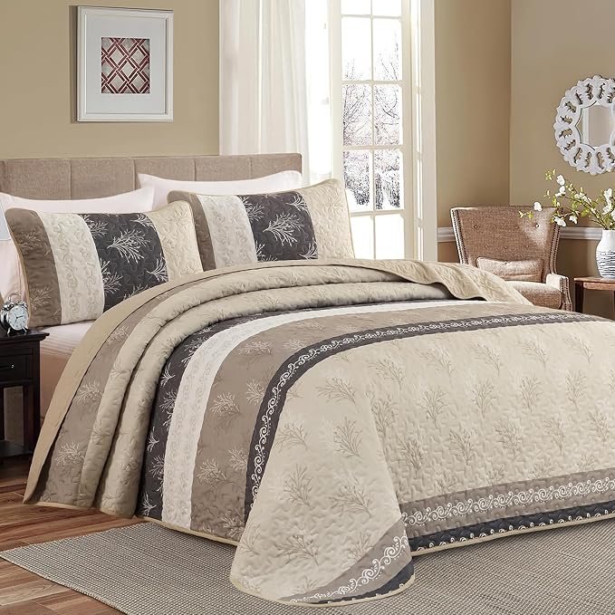 DJY Beige Quilt Set Queen Size Striped Bedspread Coverlet Set 3 Pieces Boho by HOME