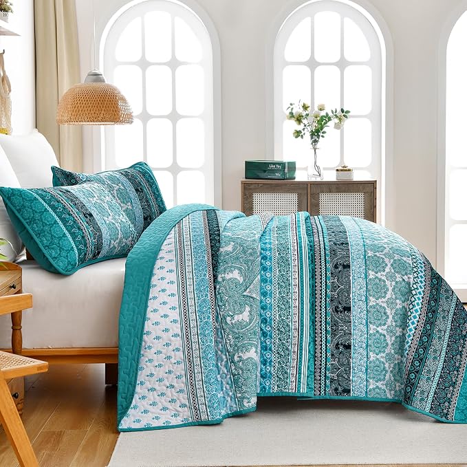WONGS BEDDING Boho Quilt Set King Size, Teal 3 Pieces Bohemian Striped - Image 4
