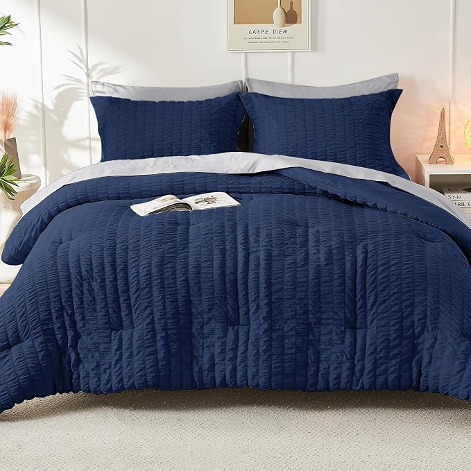 HYMOKEGE Navy Blue/Light Grey King Size Comforter Set Seersucker 7 Pieces - Image 7