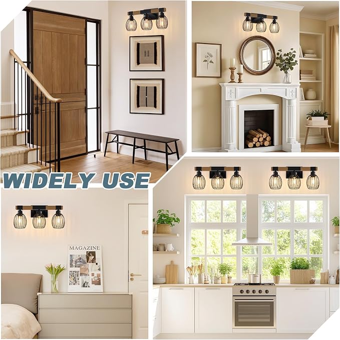 3-Light Farmhouse Bathroom Vanity Light Fixtures, Rustic Wood Bathroom Light - Image 7