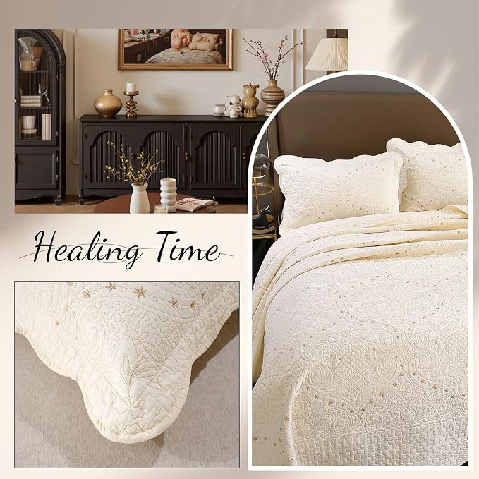 ROOMLIFE Quilt Set Full Size 3D Floral Embroidery Pattern 3-Piece Cotton - Image 6