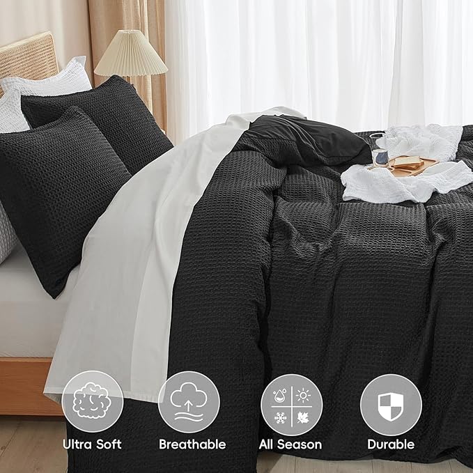 PHF Waffle Weave Duvet Cover Set King Size, No Snagging Ultra Soft Luxury - Image 4