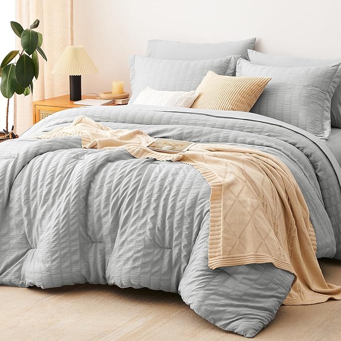 CozyLux Oversized King Comforter Set Light Grey Seersucker 7 Pieces 120x98 Bed by CozyLux