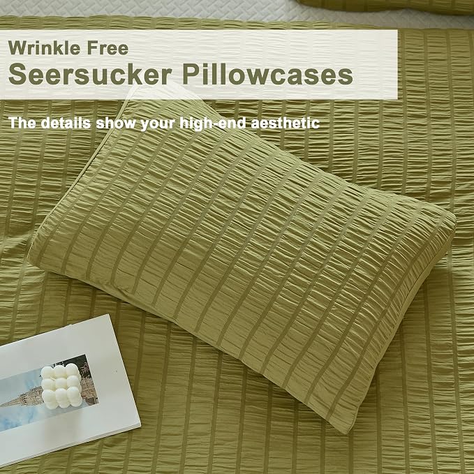 AveLom Olive Green Seersucker Duvet Cover Set Full Size, 3 Pieces, Ultra Soft - Image 6
