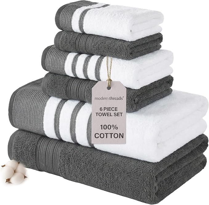 Modern Threads 6-Piece Towel Set – 100% Cotton, Quick Dry, Ultra Absorbent – by ModernThreads