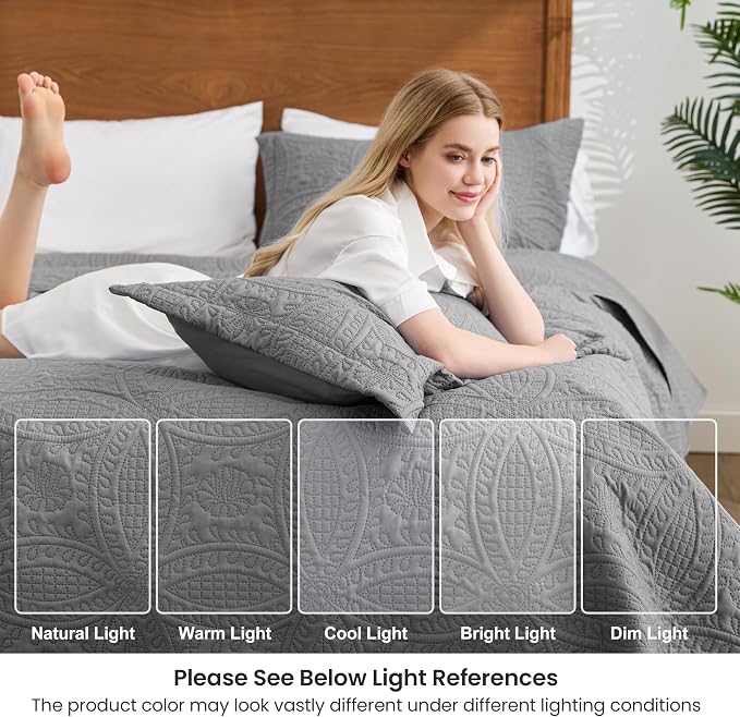 Love's cabin Oversized King Size Quilt Bedding Set Grey Bedspreads - Image 6
