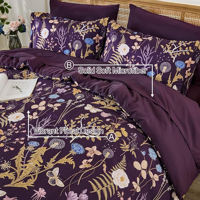 Yiran Purple Floral Comforter Set King Size, 7 Piece Botanical Comforter - Image 5