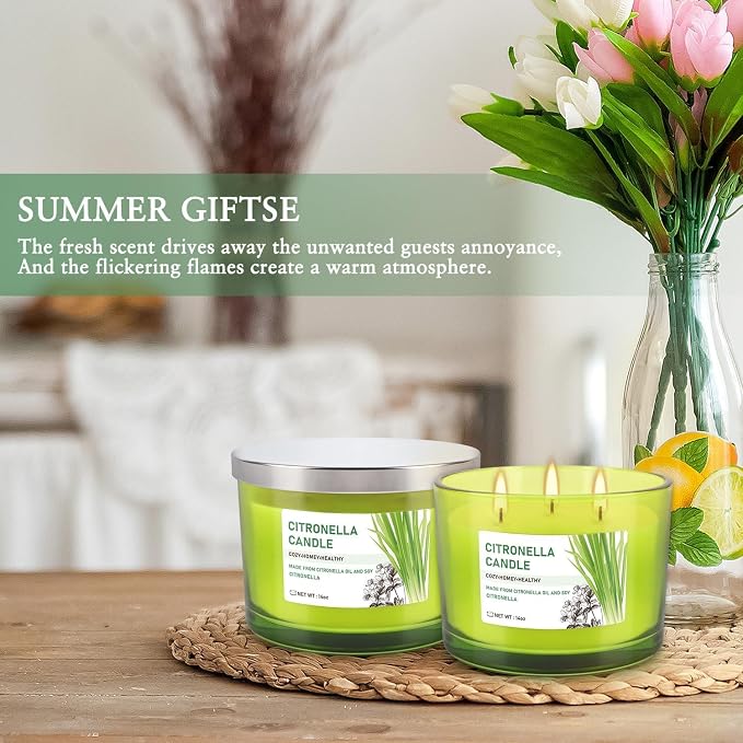 Set of 2 Green Glass Jars Citronella Oil Candles 14oz Smokeless & Outdoor - Image 2