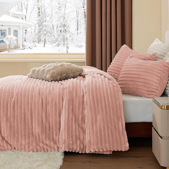 BEDELITE Fleece Queen Comforter Set -Super Soft & Warm Fluffy Dusty Pink Bedding - Image 4