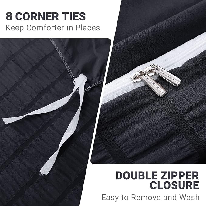 HYMOKEGE Black Duvet Cover Full Size, Ultra Soft 3-Piece Seersucker Duvet Cover - Image 5