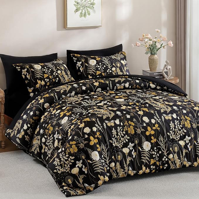 Yiran King Size Comforter Set, 7 Pieces Black Floral Soft Bedding Sets - Image 2