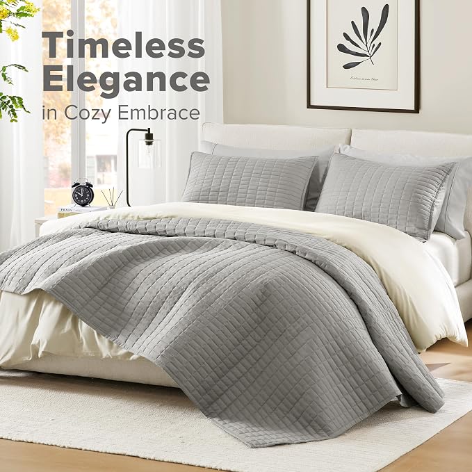 Comfort Spaces Grey Oversized Queen Quilt Set 102"x118" Bedspread Quilted - Image 2
