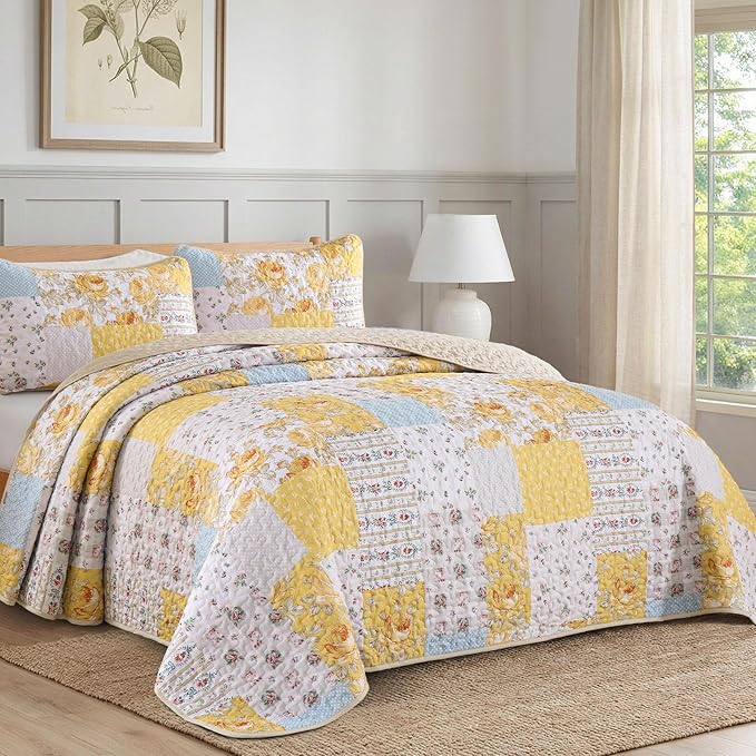 Anibedding Yellow Patchwork Quilt Set Queen Size Boho Floral Plaid Bedspread - Image 2