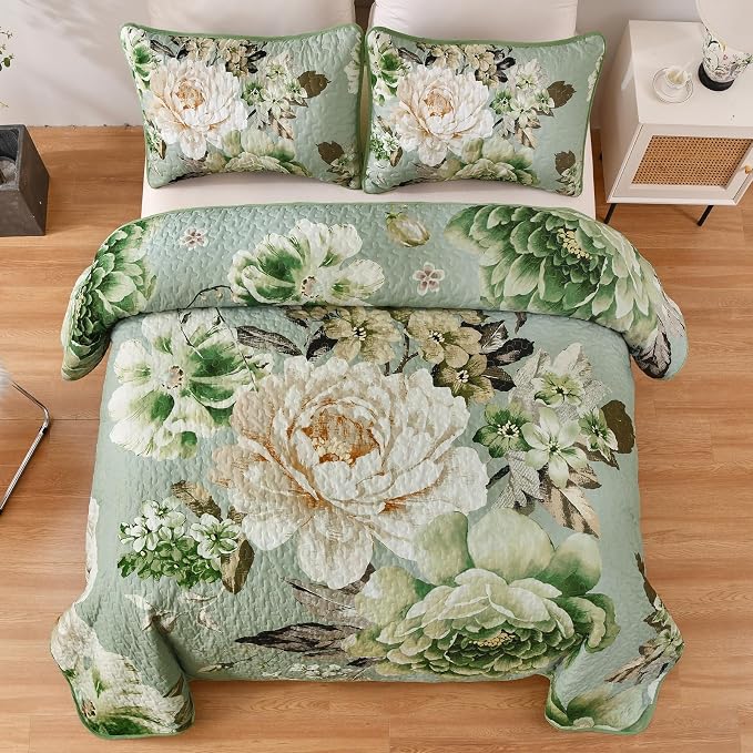 WONGS BEDDING Floral Quilt Set Queen, Sage Green 3 Pieces Elegant Flower - Image 2
