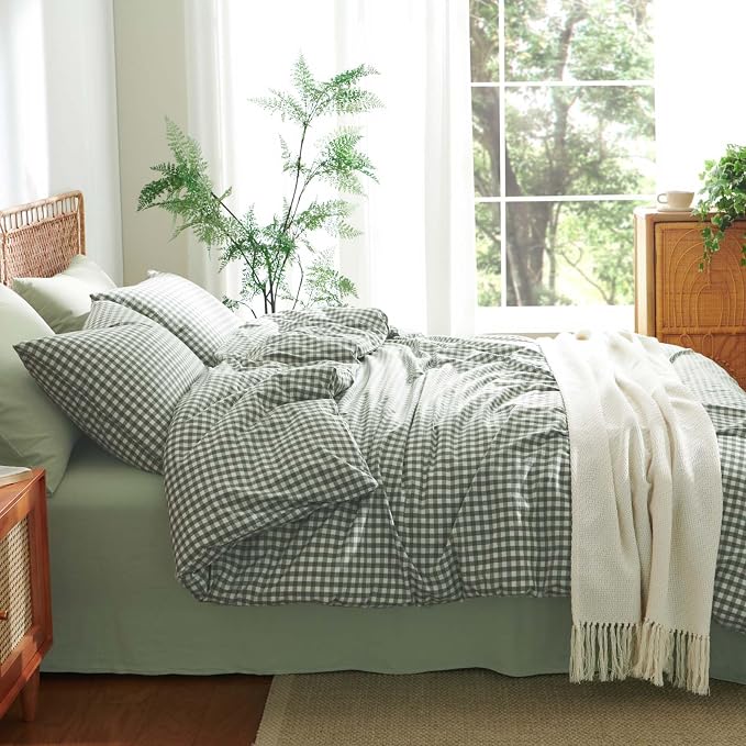 Nayoroom Gingham Duvet Cover Twin Size 100% Washed Cotton Green Plaid Checkered - Image 5