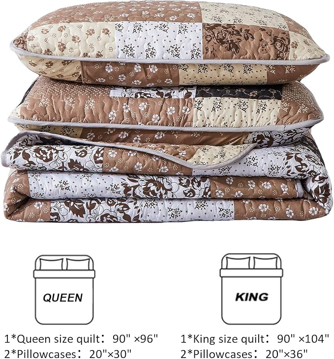 Mybedsoul Brown Patchwork Quilt Set California King Size, 3 Pieces Khaki Floral - Image 7