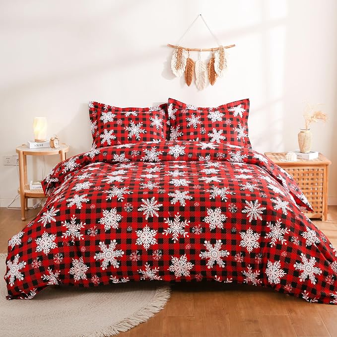 JSD Red Buffalo Plaid Snowflakes Duvet Cover Set Full Size, 3 Piece Christmas - Image 7
