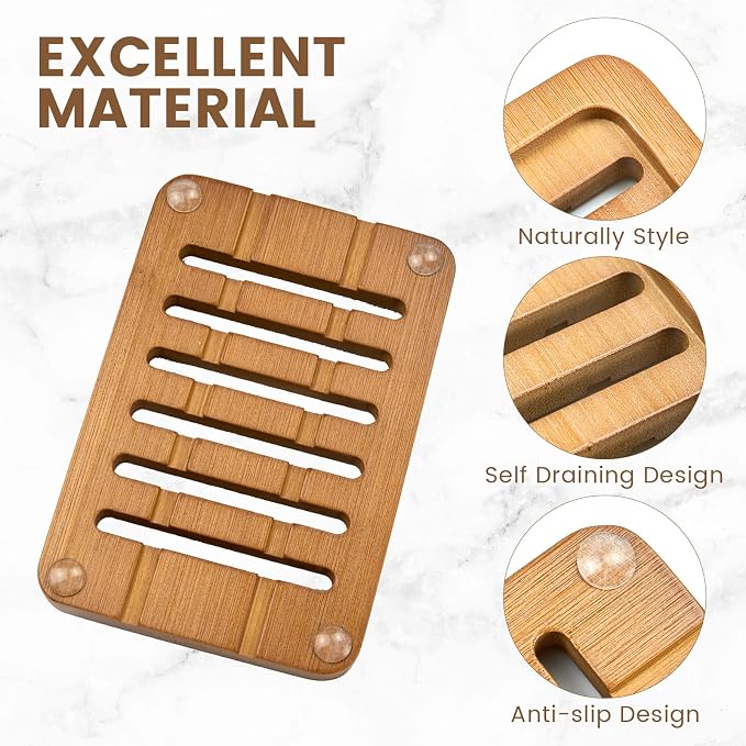 2PCS Self Draining Soap Holders, Rustic Slotted Bamboo Dish Tray, Easy Cleaning - Image 3