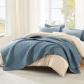Litanika Quilt Queen Size Blue Linen, Stripe Patchwork Summer Bedspread by Litanika