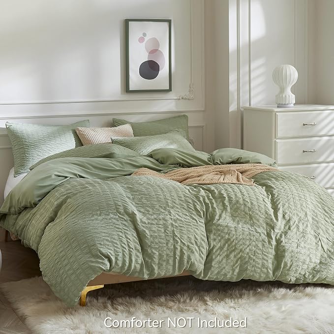 JELLYMONI Light Green Duvet Cover Twin Size, Soft Breathable Seersucker Duvet - Image 3
