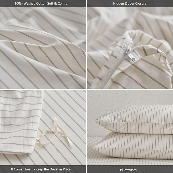 MooMee Striped Duvet Cover Set 100% Washed Cotton Linen Like Textured - Image 7