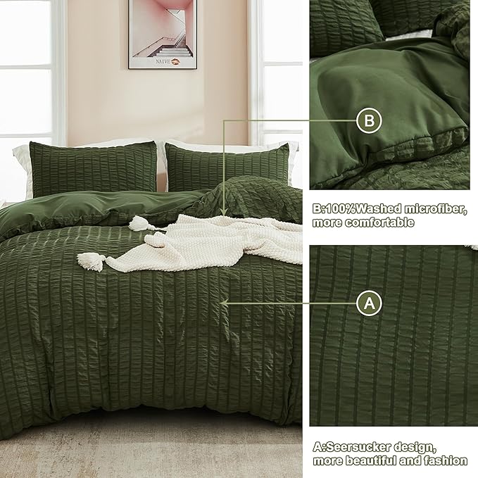 AveLom Dark Olive Green Seersucker Duvet Cover Set King, 3 Pieces, Soft Washed - Image 5