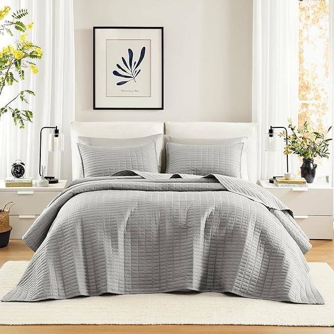 Comfort Spaces Grey Oversized Queen Quilt Set 102"x118" Bedspread Quilted by ComfortSpaces