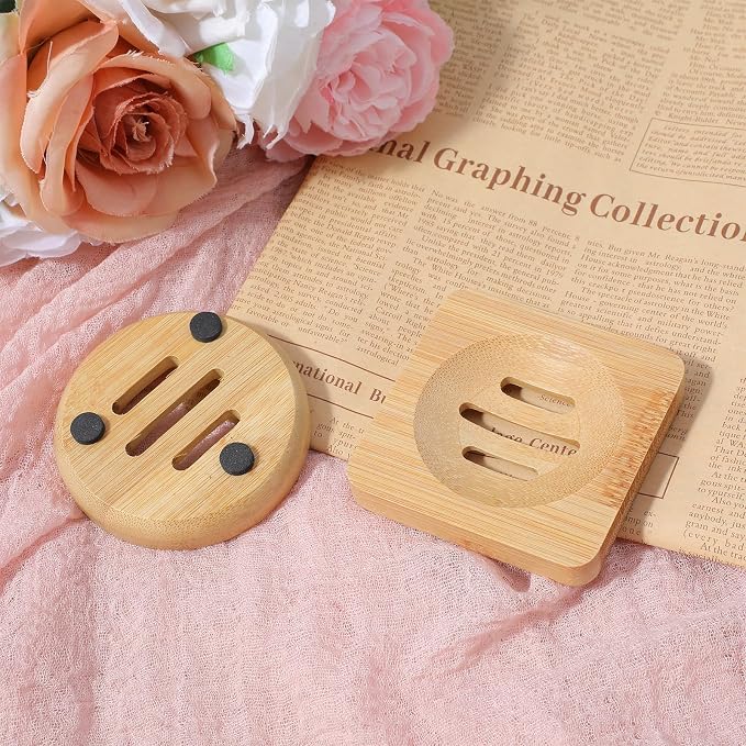 Ymapinc 2-Pack Natural Bamboo Soap Holder, Round+Square Bamboo Soap Dish & - Image 5