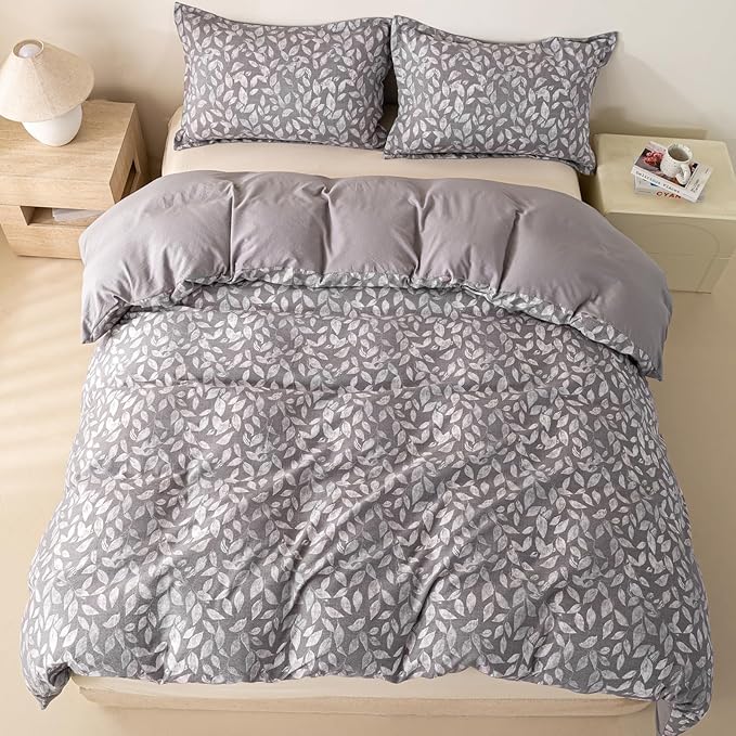 OAITE Grey Fallen Leaves King Size Duvet Cover-3 Pieces Prewashed Cotton-Like - Image 6