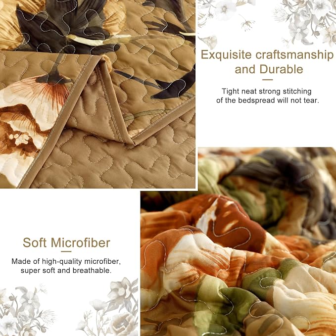 Drucon Brown Floral Quilt Set King Size 3 Pieces Brown Botanical Flower Quilt - Image 5