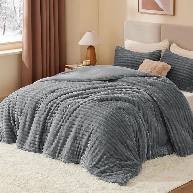 BEDELITE Fleece King Comforter Set -Super Soft & Warm Fluffy Grey Bedding - Image 2