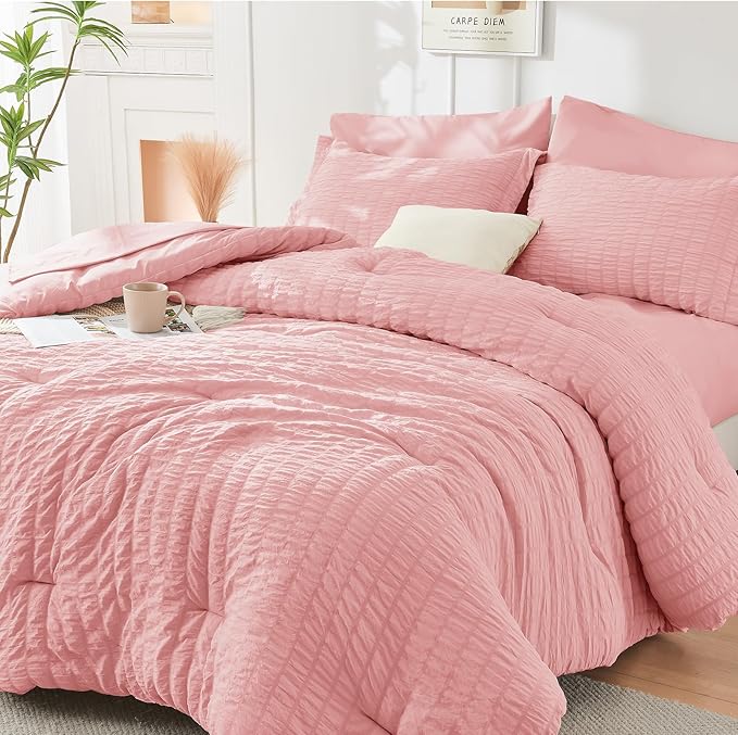 HYMOKEGE Rose Pink Full Size Comforter Sets Seersucker 7 Pieces, All Season by HYMOKEGE