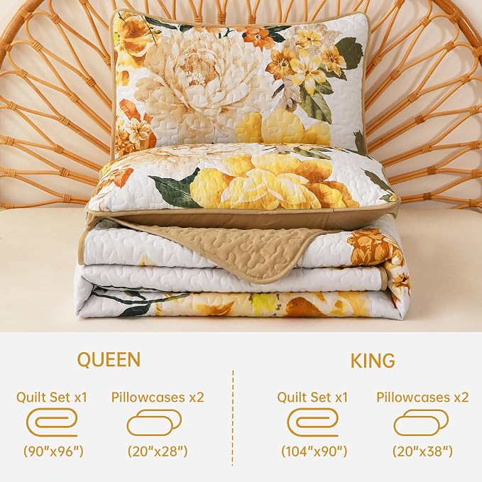 WONGS BEDDING Floral Quilt Set Yellow Queen, Quilted Printed Lightweight - Image 7