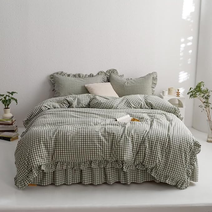 MKXI Sage Green Gingham Duvet Cover Full, 3-Piece Ruffled Bedding Set - Image 4