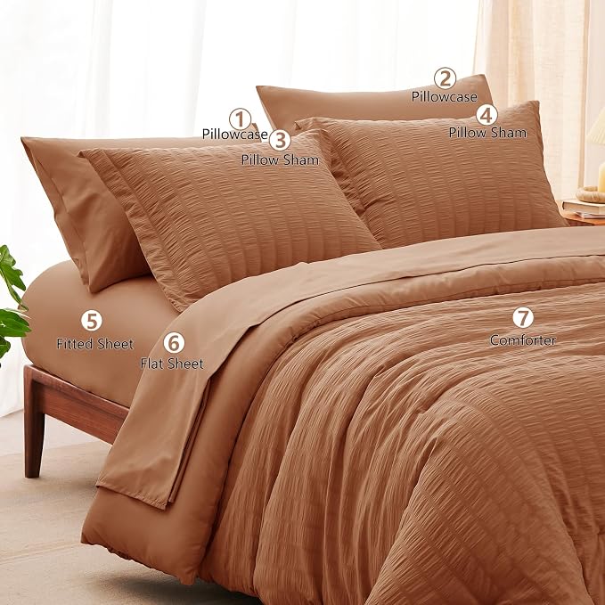 CozyLux Queen Comforter Set Pumpkin Seersucker 7 Pieces Bed in a Bag Queen - Image 8