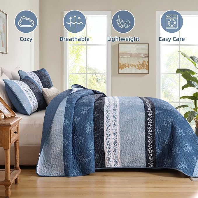 DJY Stripe Quilt Set Queen Size Blue Bedspread Coverlet Set 3 Pieces Boho - Image 4