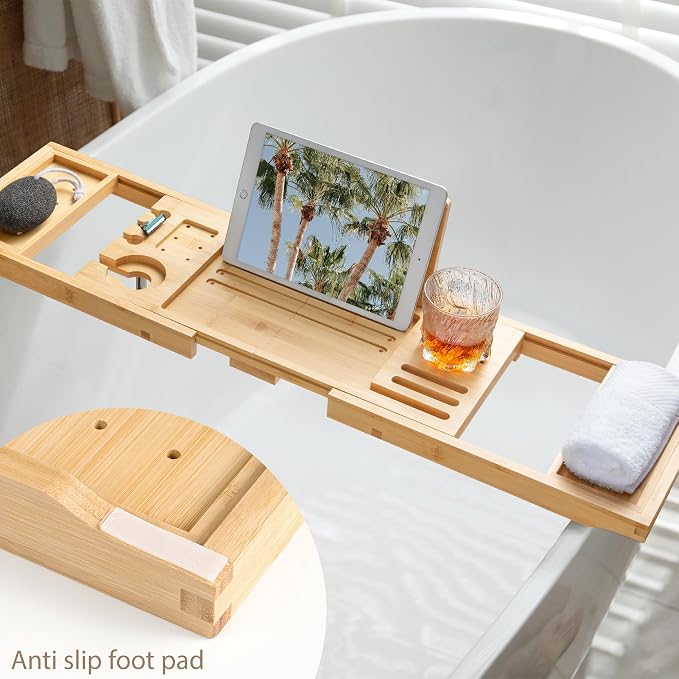 Bamboo Bathtub Tray | Splash-Proof Adjustable | Non-Slip Pads, Wine Holder & - Image 4