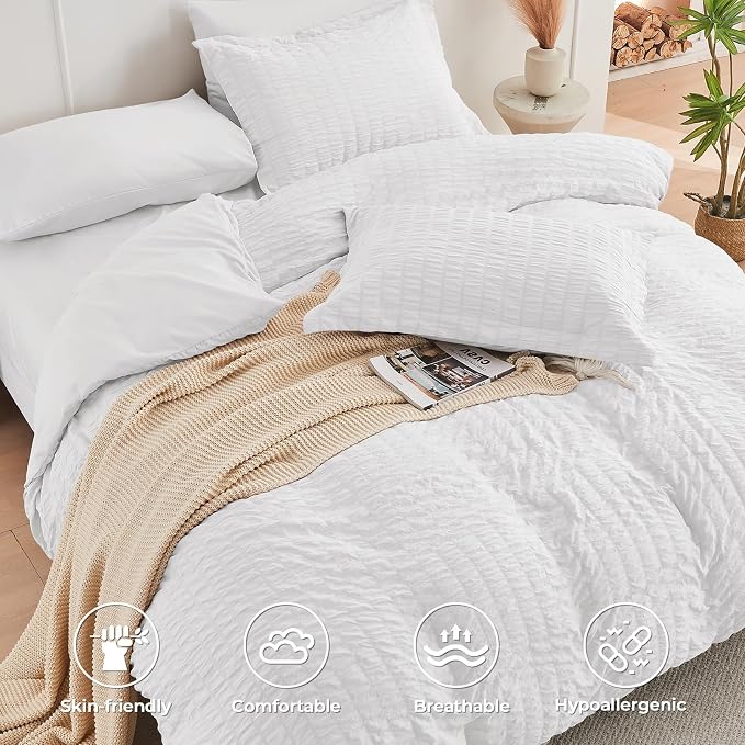 HYMOKEGE White King Size Comforter Set Seersucker 7 Pieces, All Season Luxury - Image 3