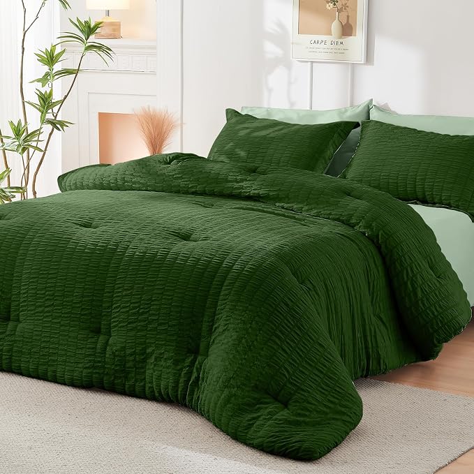 HYMOKEGE Dark Green/Sage Green Twin XL Comforter Set Seersucker 5 Pieces - Image 8
