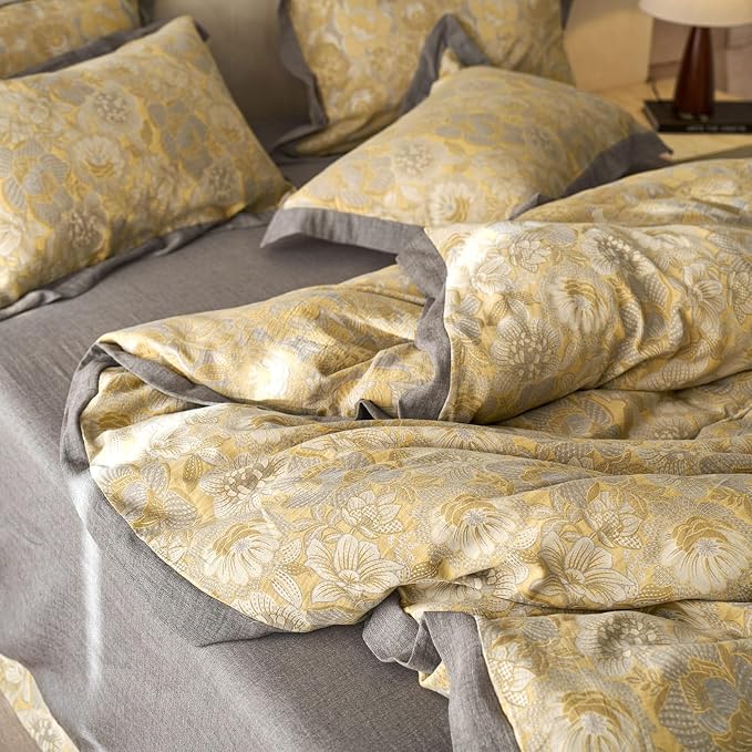 mixinni Duvet Cover Queen, Premium Cotton Double-Layer Yarn Golden Floral - Image 3