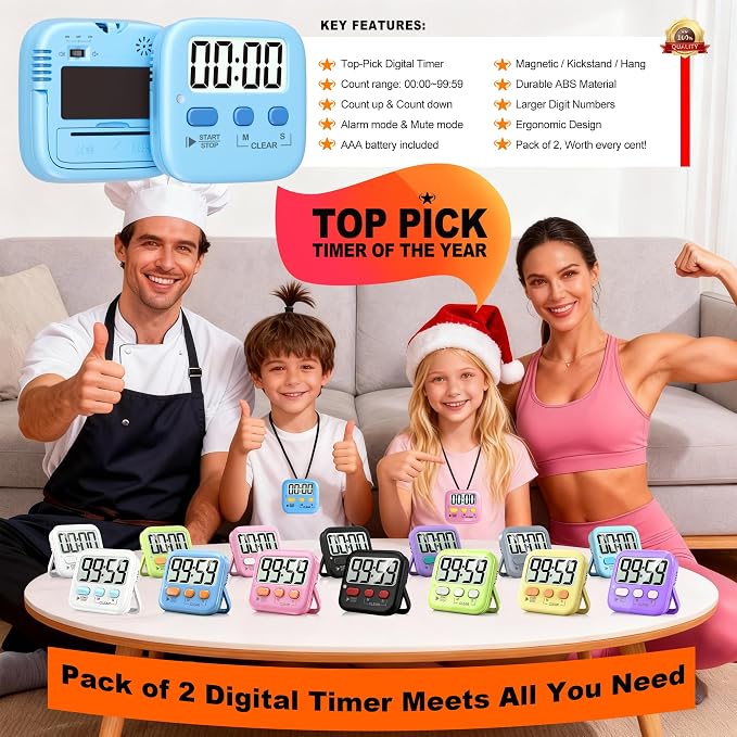 Antonki 2 Pack Digital Timer for Kids, Magnetic Countdown Kitchen Timers for - Image 8