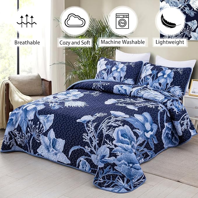 Floral Quilt Set King 3 Pieces Navy Blue Floral Quilt Coverlet Set Soft - Image 2